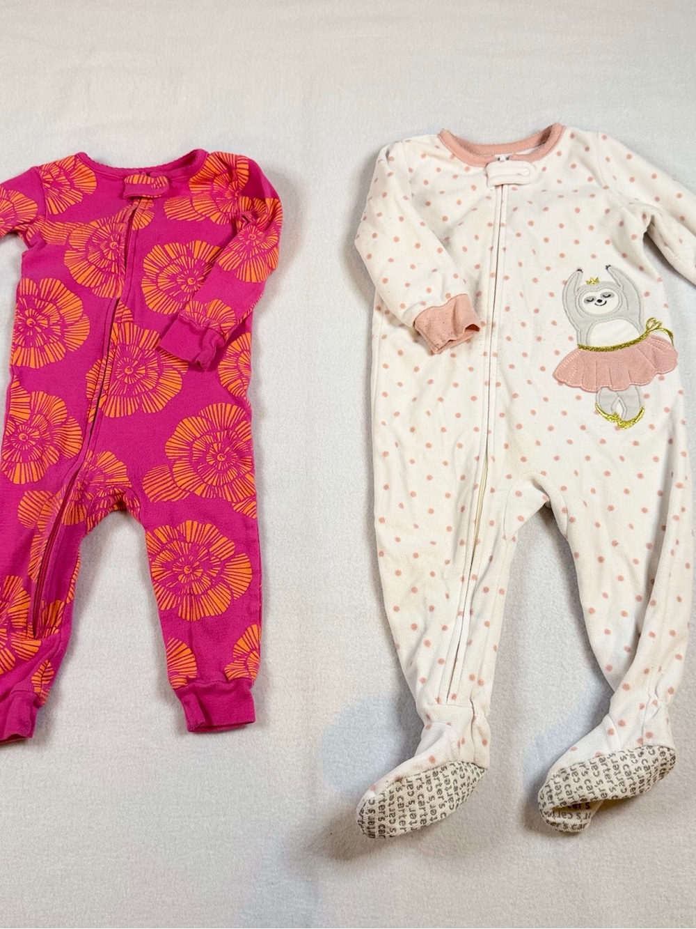 Carters Baby Girl 12M Sleep Play Pajamas Lot 2 Sloth Fleece Floral Cotton Pink